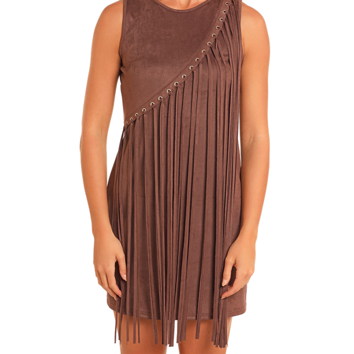 Rock & Roll Denim Ladies Asymmetrical Fringe Brown Mini Dress BWD0R04565-24