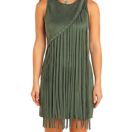 Rock & Roll Denim Ladies Asymmetrical Fringe Forest Green Dress BWD0R04565-33