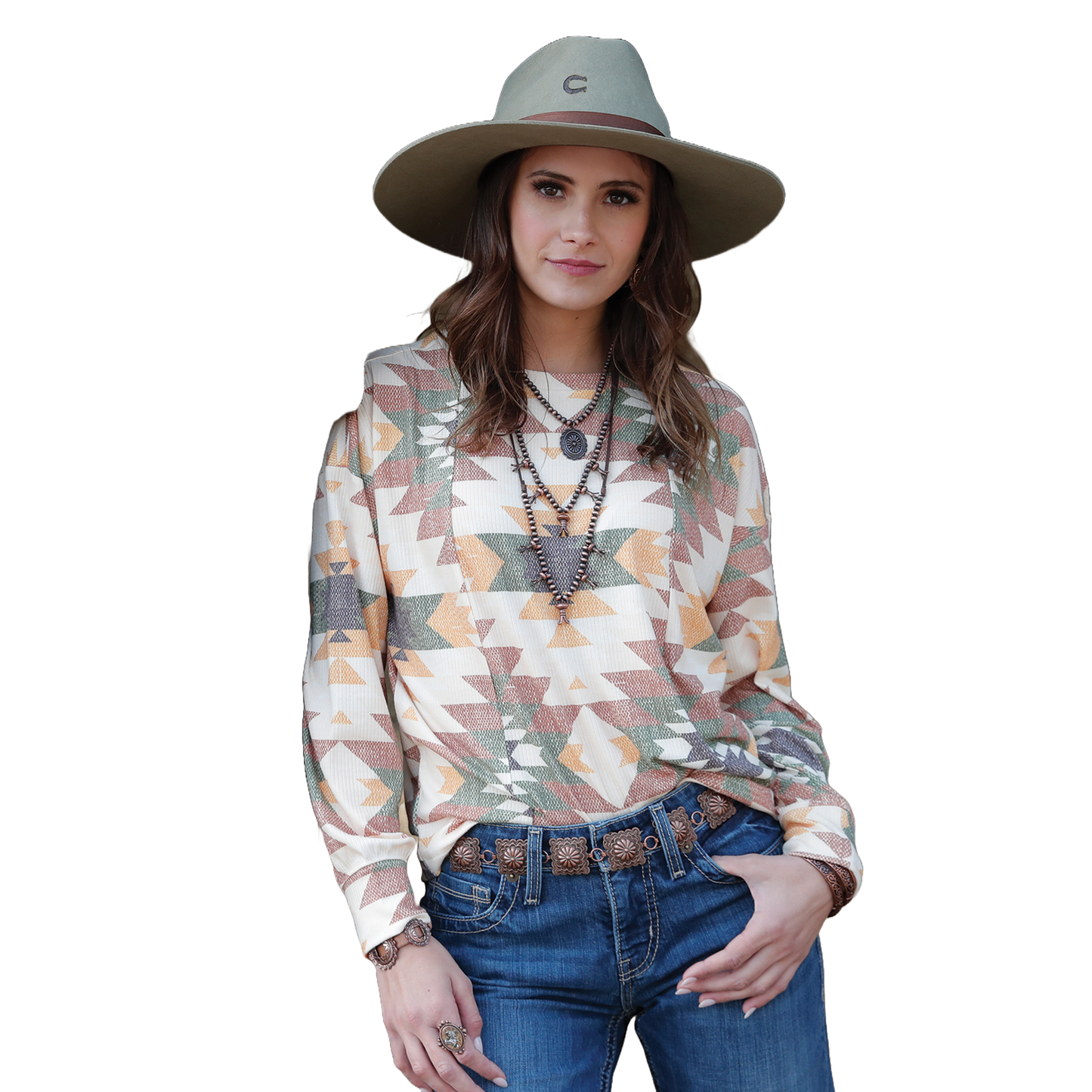 Cruel Denim Ladies Cream Aztec Print Knit Long Sleeve Shirt CTK7463002