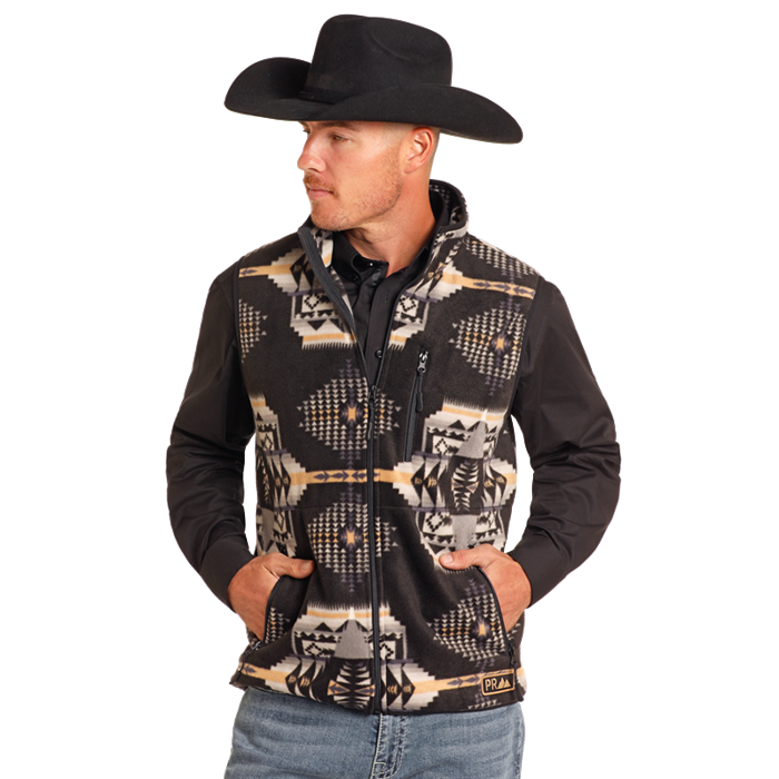 Powder River Outfitters Men's Aztec Printed Black Fleece Vest DM98C04093