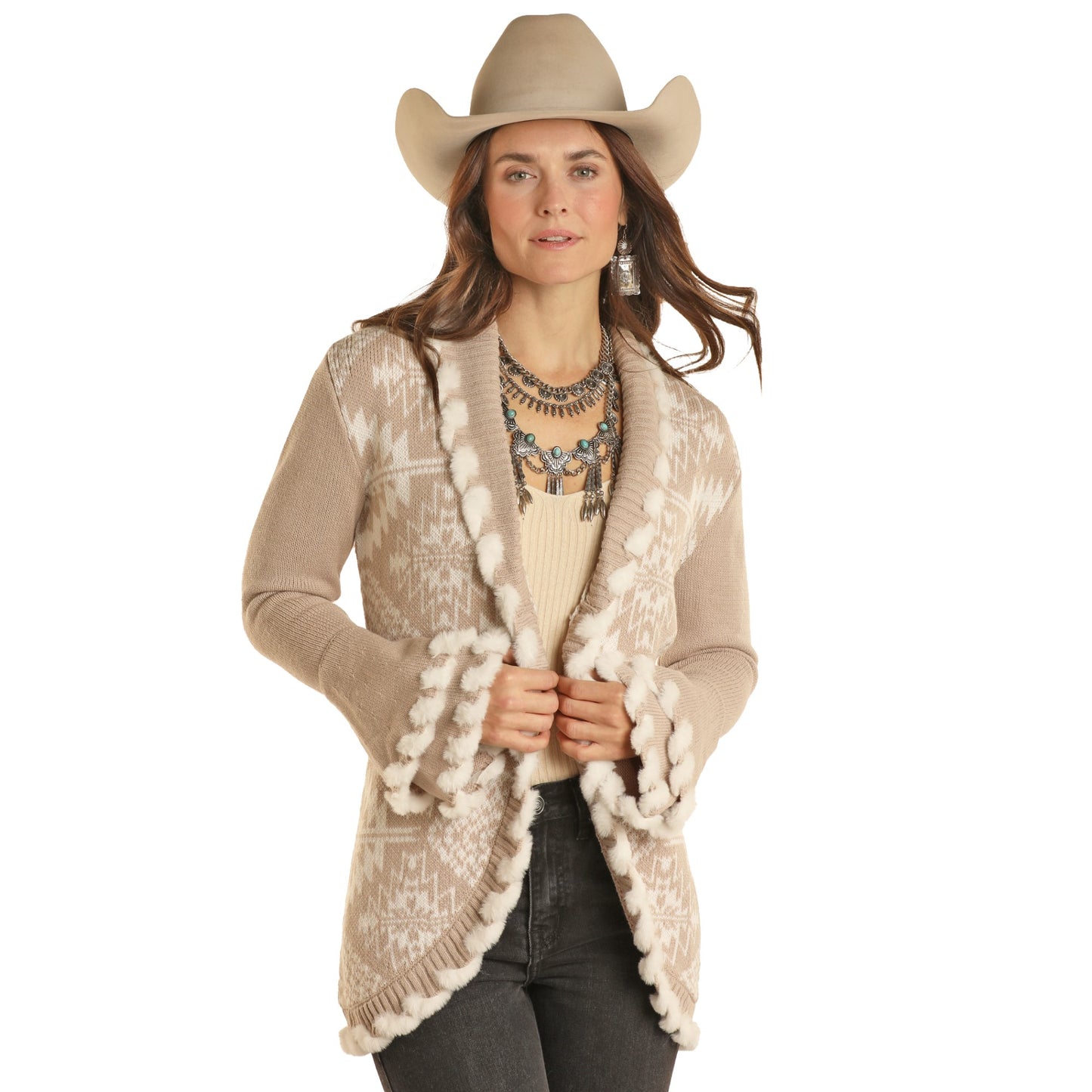 Powder River Outfitters Ladies Aztec Fur Lacing Tan Cardigan DW95C01971