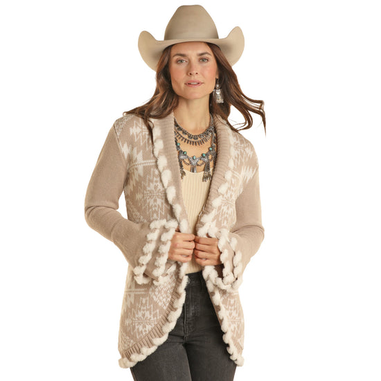 Powder River Outfitters Ladies Aztec Fur Lacing Tan Cardigan DW95C01971