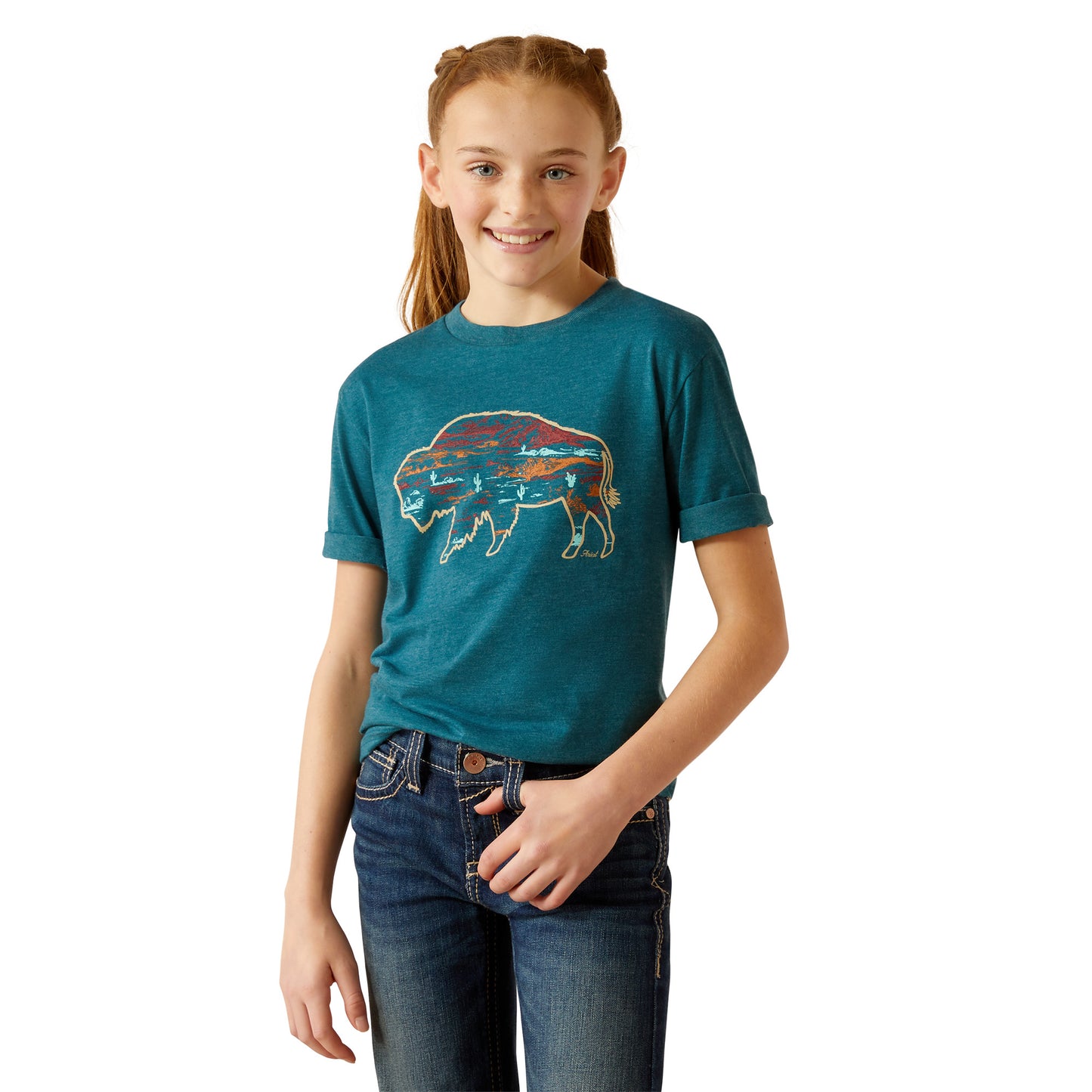 Ariat Youth Girl's Bison Ranch Deep Sea Heather T-Shirt 10052513