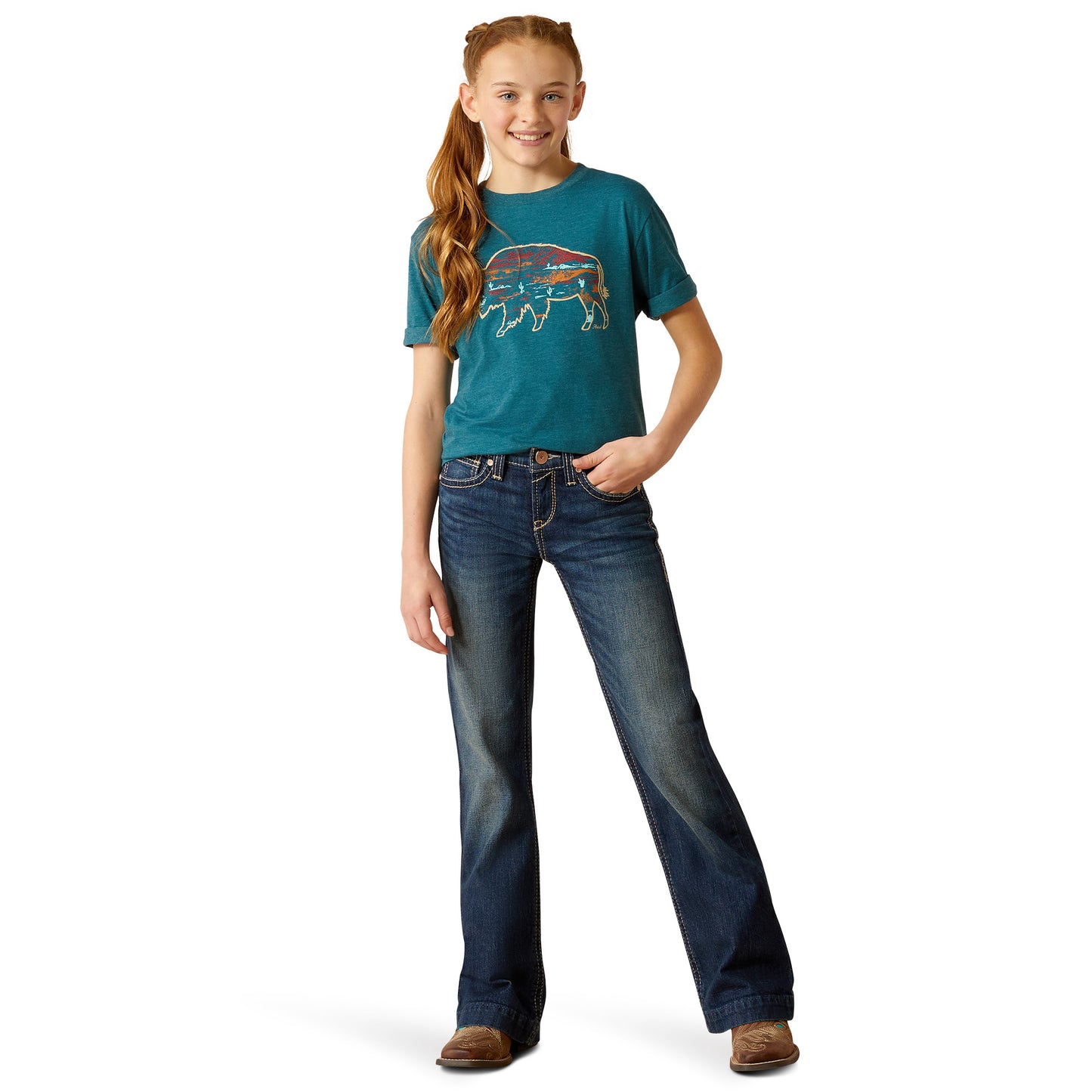 Ariat Youth Girl's Bison Ranch Deep Sea Heather T-Shirt 10052513