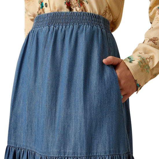 Ariat Ladies Chambray Tier Medium Blue Maxi Skirt 10052603