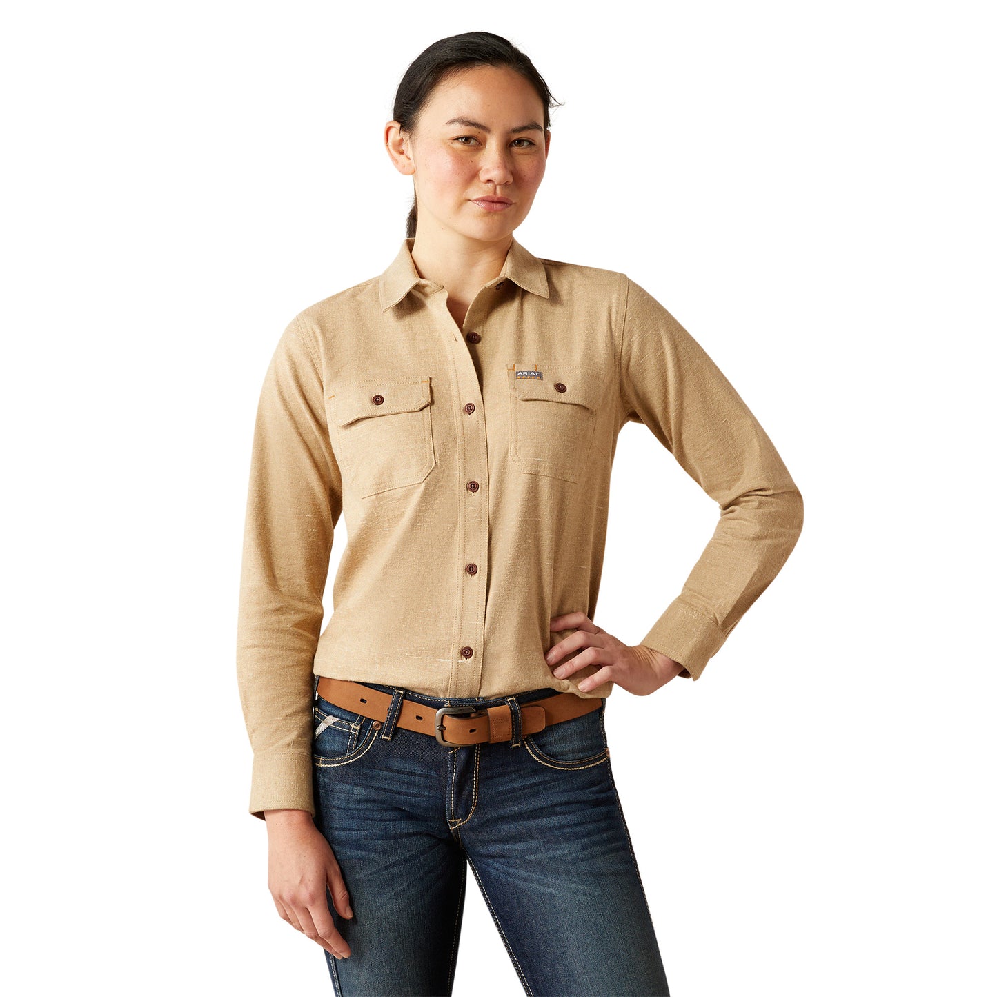 Ariat Ladies Rebar Flannel Oatmeal Heather Button Down Shirt 10052943