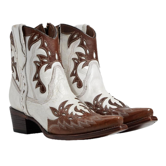 Circle G Ladies Overlay Wing Tip White & Camel Booties L6099