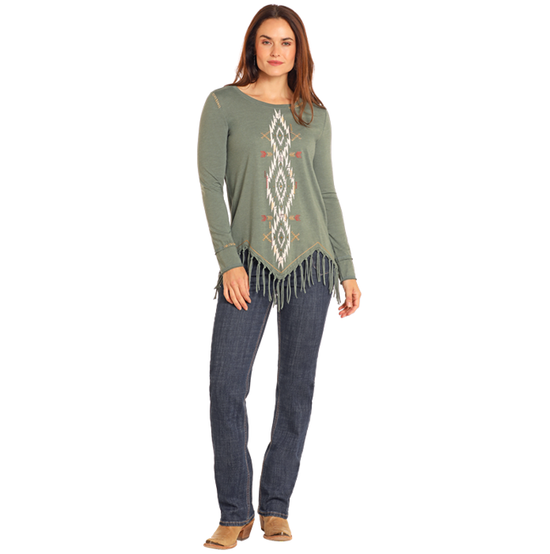 Panhandle Ladies Aztec Fringe Hem Olive T-Shirt LW22T04671