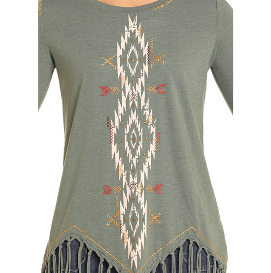 Panhandle Ladies Aztec Fringe Hem Olive T-Shirt LW22T04671