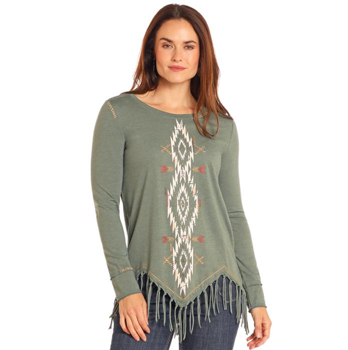 Panhandle Ladies Aztec Fringe Hem Olive T-Shirt LW22T04671