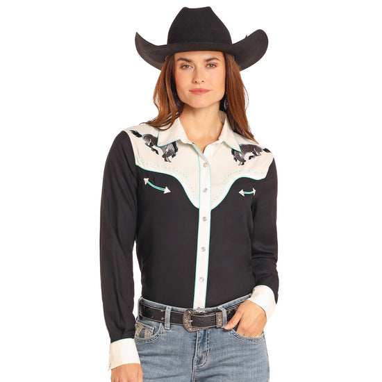 Panhandle Ladies Retro Horse Embroidery Black Snap Shirt LWN2S04693