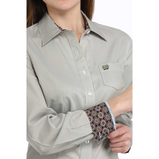 Cinch Ladies Pinstripe Olive Green Button Down Shirt MSW9164233