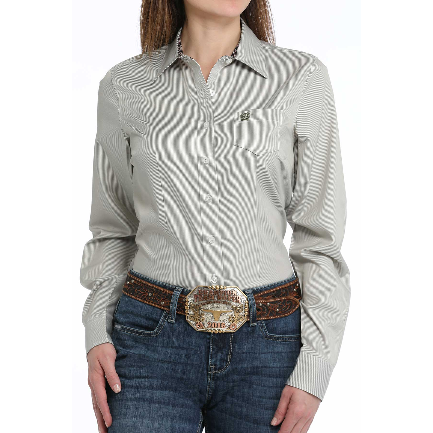 Cinch Ladies Pinstripe Olive Green Button Down Shirt MSW9164233