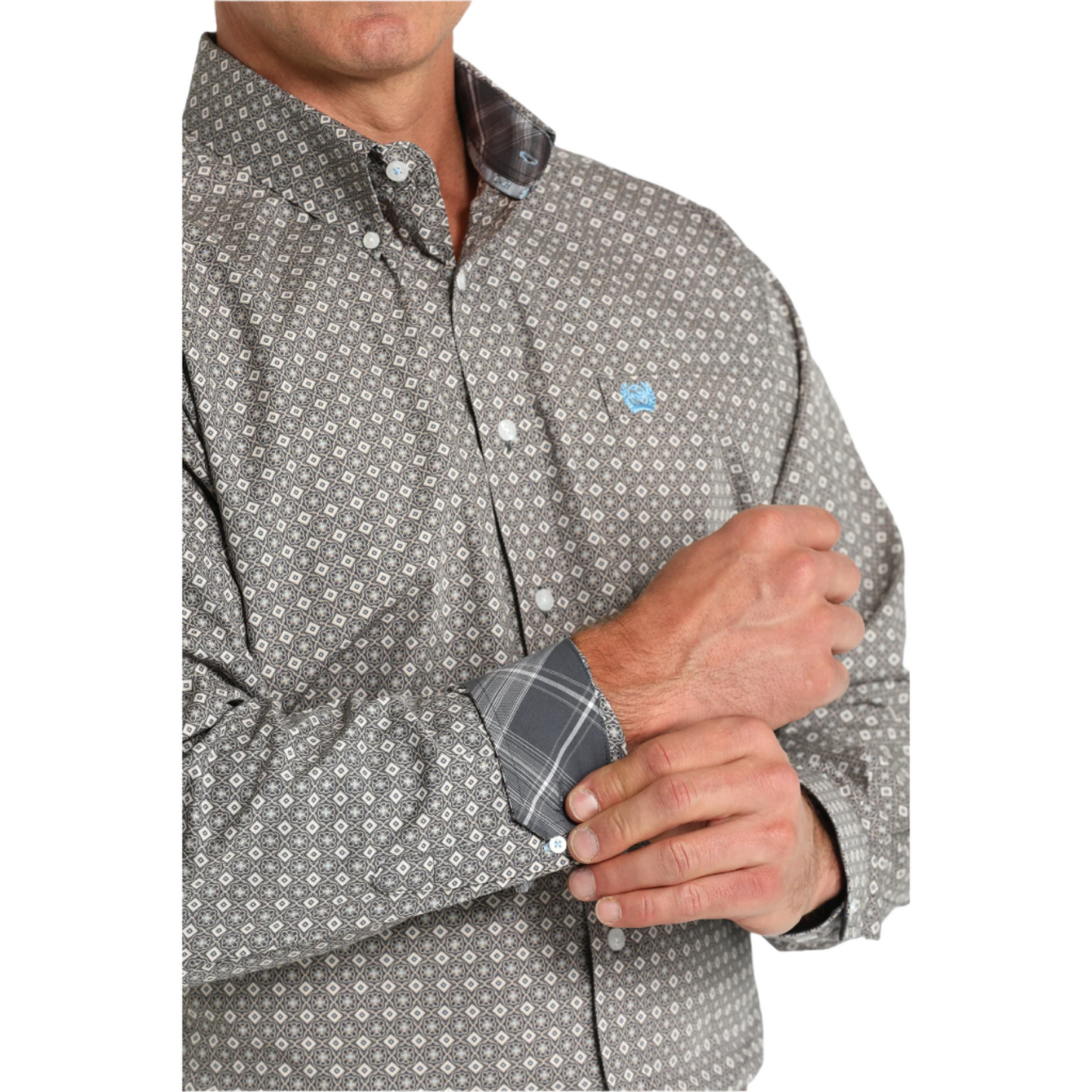 Cinch Men's Light Grey Geometric Print Button Down Shirt MTW1105790