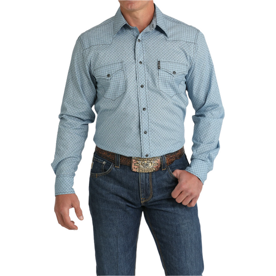 Cinch Men's Light Blue Western Geometric Print Snap Shirt MTW1303078