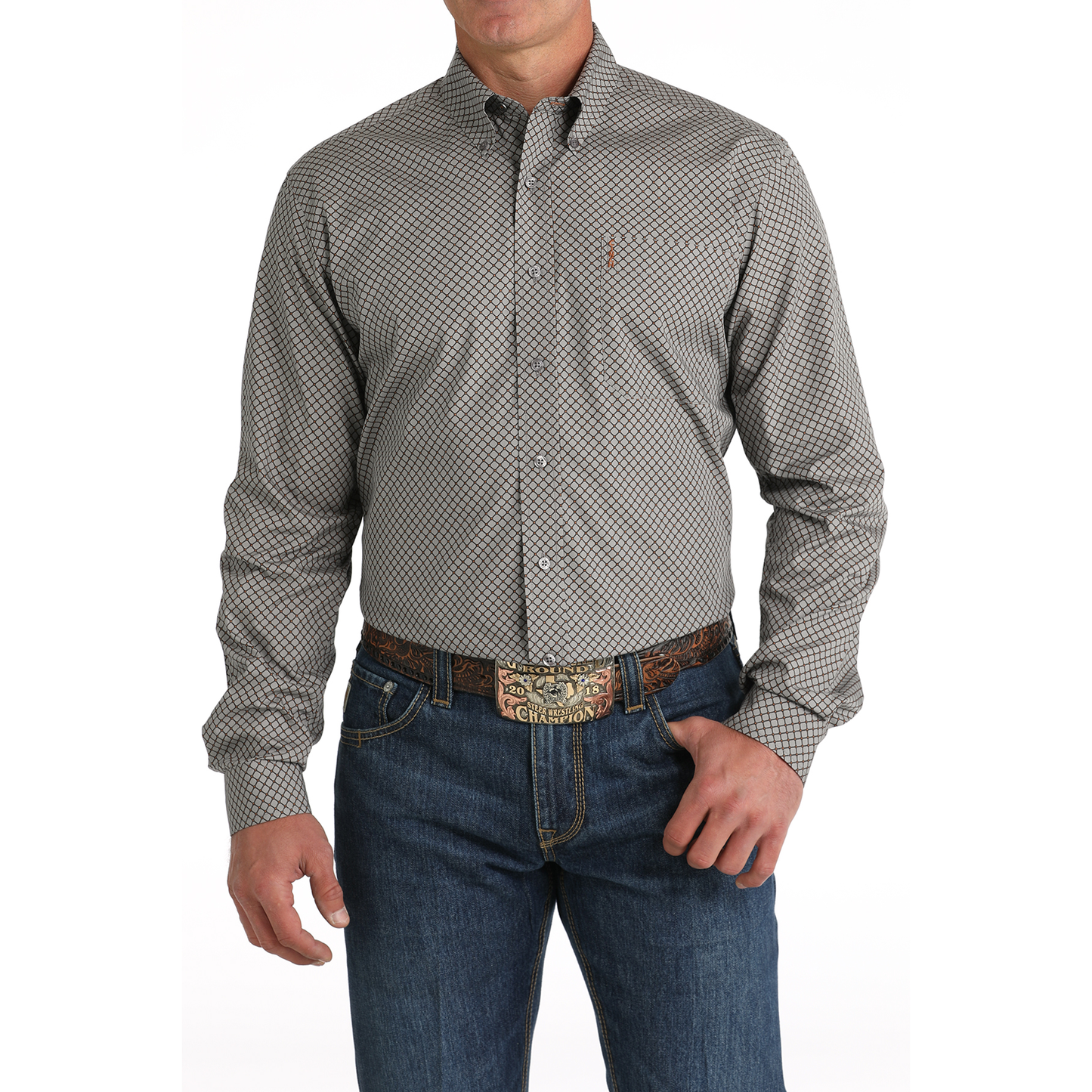 Cinch Men's Grey Checkered Print Button Down Shirt MTW1347114