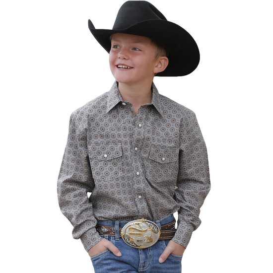 Cinch Youth Boy's Grey Geometric Print Button Down Shirt MTW7020099