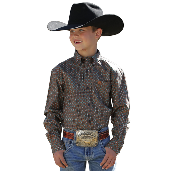 Cinch Youth Boy's Brown Western Print Button Down Shirt MTW7060357