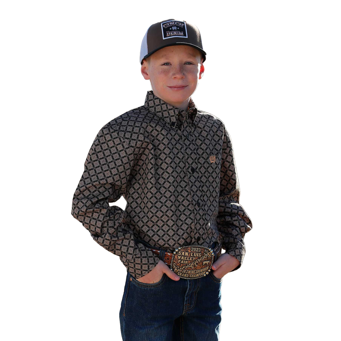 Cinch Youth Boy's Diamond Print Button Down Black Western Shirt MTW7060360