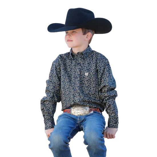 Cinch Youth Boy's Lasso Print Navy Button Down Shirt MTW7060363