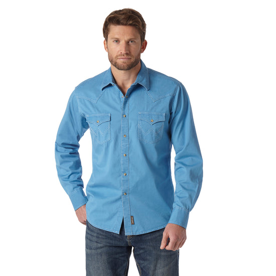 Wrangler Men's Retro Premium Pigment Dyed Twill Blue Snap Shirt MVR507J