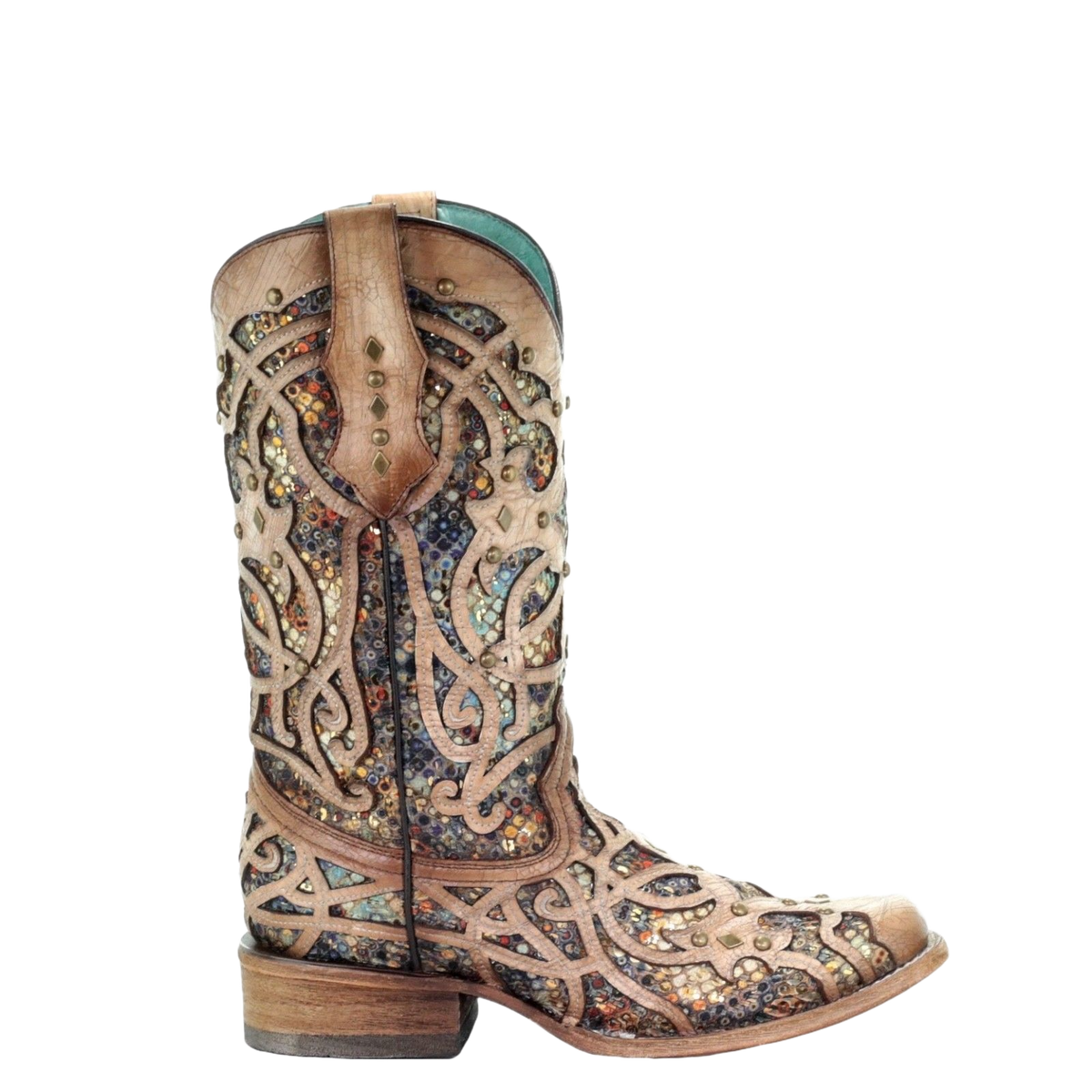 Corral Ladies Bone & Multicolor Inlay & Studs Square Toe Boots C3405