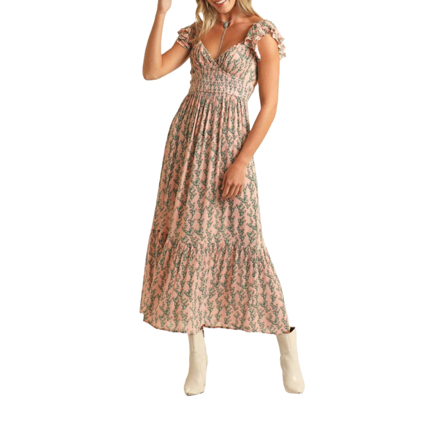 Rock & Roll Denim Ladies Ditsy Cactus Print Pink Maxi Dress BWD0R03874