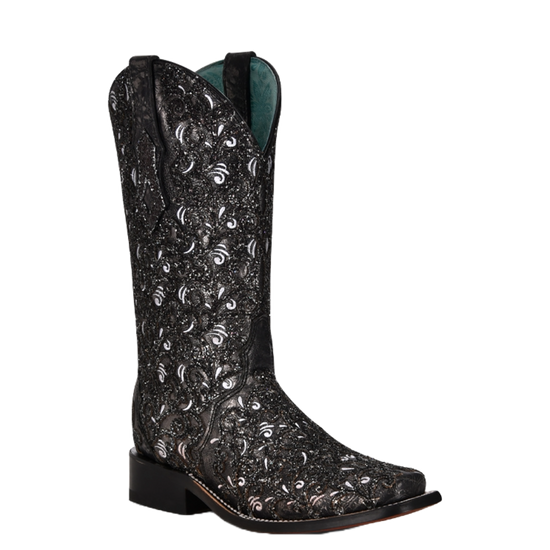 Corral Ladies Glitter Overlay & Embroidery Square Toe Black Boot C4061