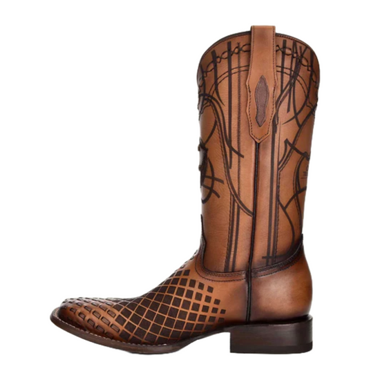 Cuadra Men's Engraved Honey Woven Square Toe Leather Boots CU500