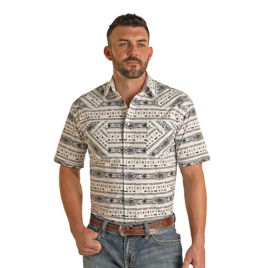 Panhandle Men's Southwest Aztec Stripe Black & White Snap Shirt RMN3S03846