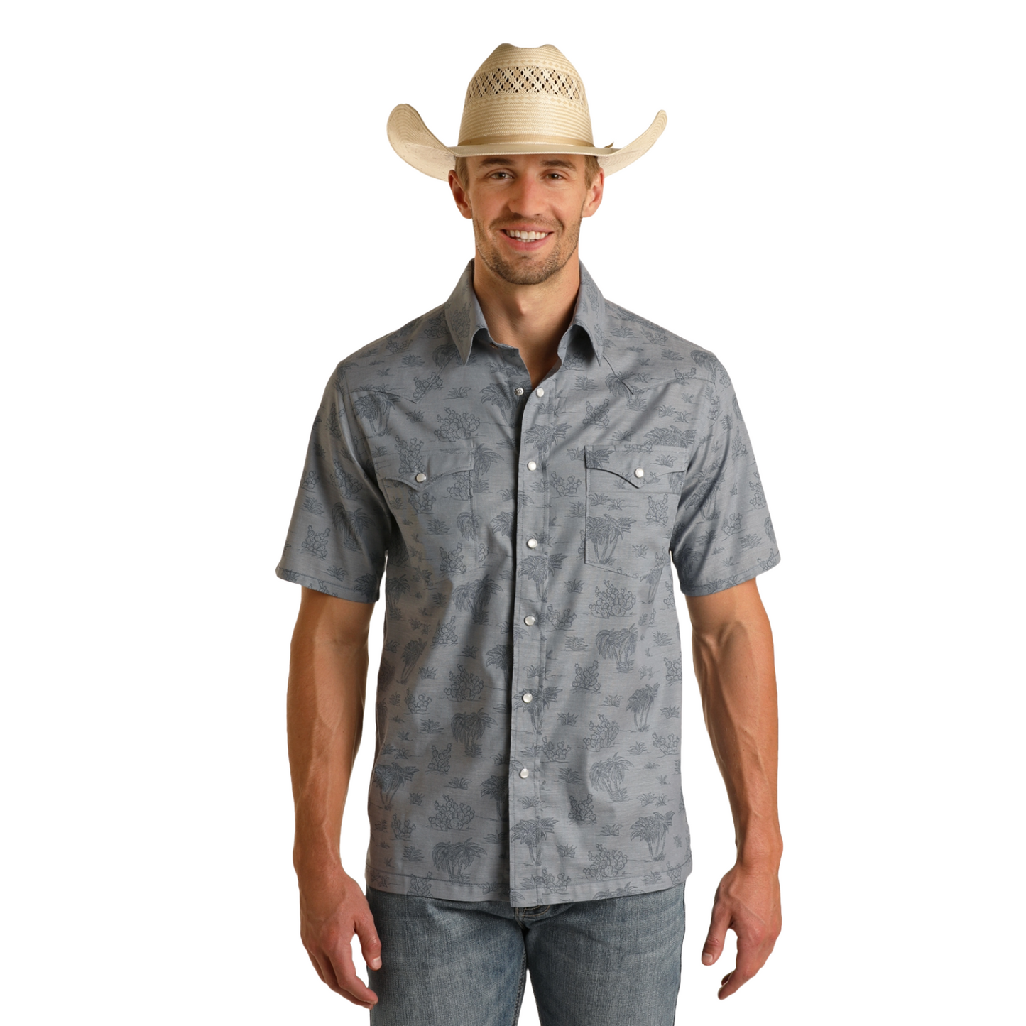 Panhandle Men's Western Hawaiian Chambray Blue Snap Shirt RMN3S03825