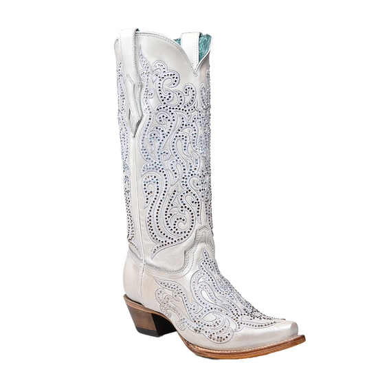 Corral Ladies White Embroidery & Crystals Snip Toe Western Boots C4103