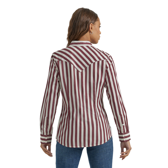 Wrangler Ladies Burgundy & White Stripe Snap Shirt 112353111