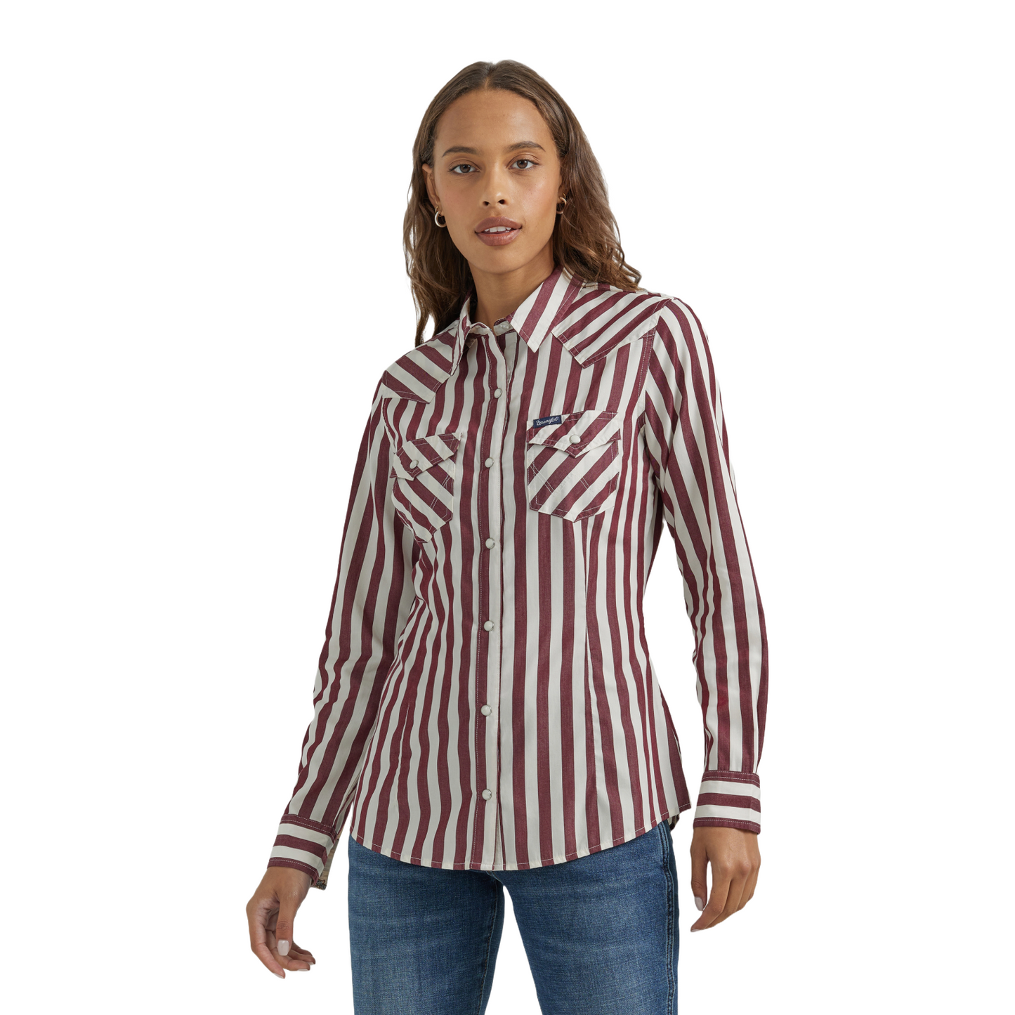 Wrangler Ladies Burgundy & White Stripe Snap Shirt 112353111