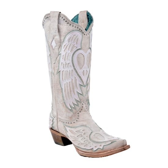 Corral Ladies Distressed Heart & Wings Overlay White Western Boots A4504