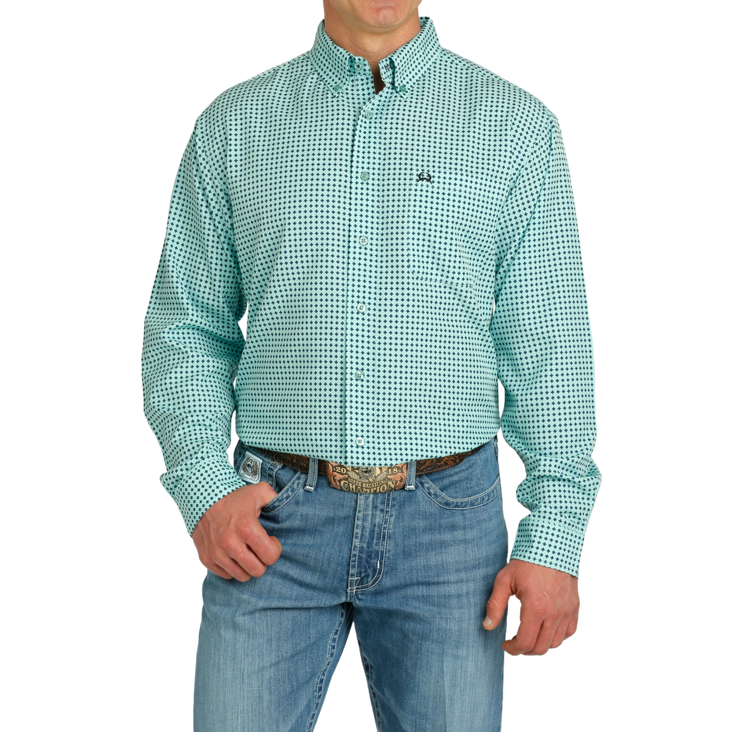 Cinch Men's Turquoise Diamond Print Button Down Shirt MTW1862033