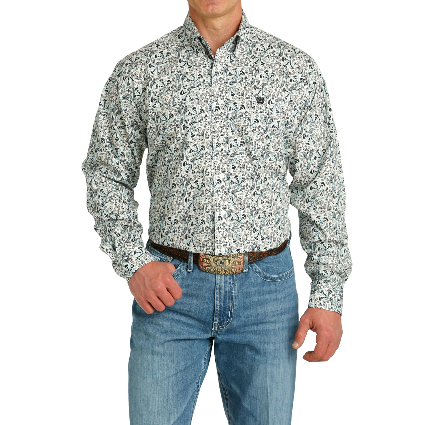 Cinch Men's White Paisley Print Button Down Shirt MTW1105786