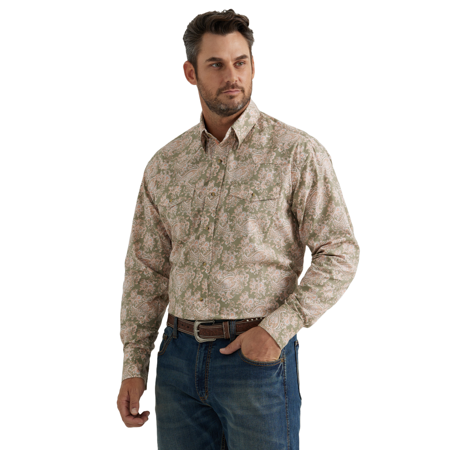 Wrangler Men's George Strait Floral Paisley Green Snap Shirt 112344893