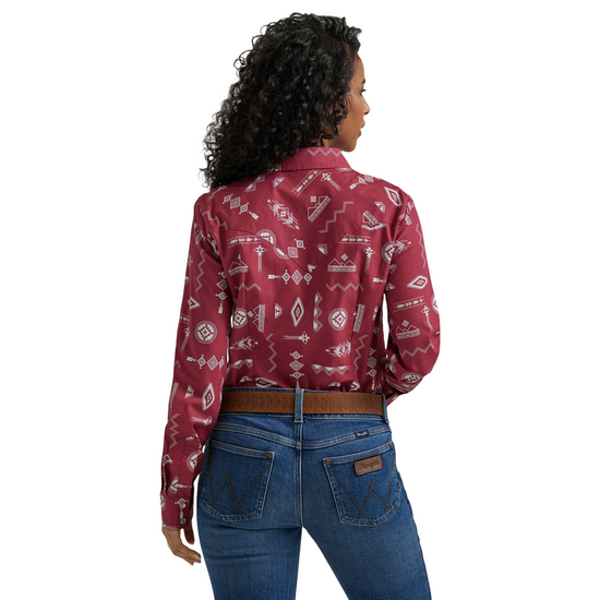 Wrangler Ladies Southwestern Print Red Snap Shirt 112344638