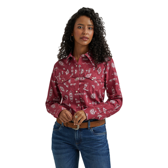 Wrangler Ladies Southwestern Print Red Snap Shirt 112344638