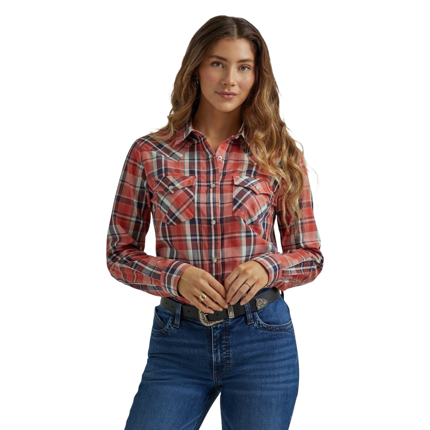 Wrangler Ladies Essentials Plaid Western Red Snap Shirt 112344676