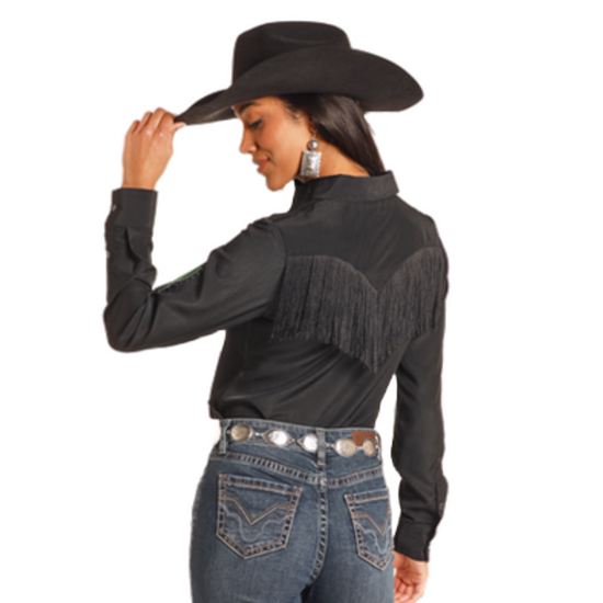 Rock & Roll Denim Ladies Embroidered Retro Black Snap Shirt BWN2S04509