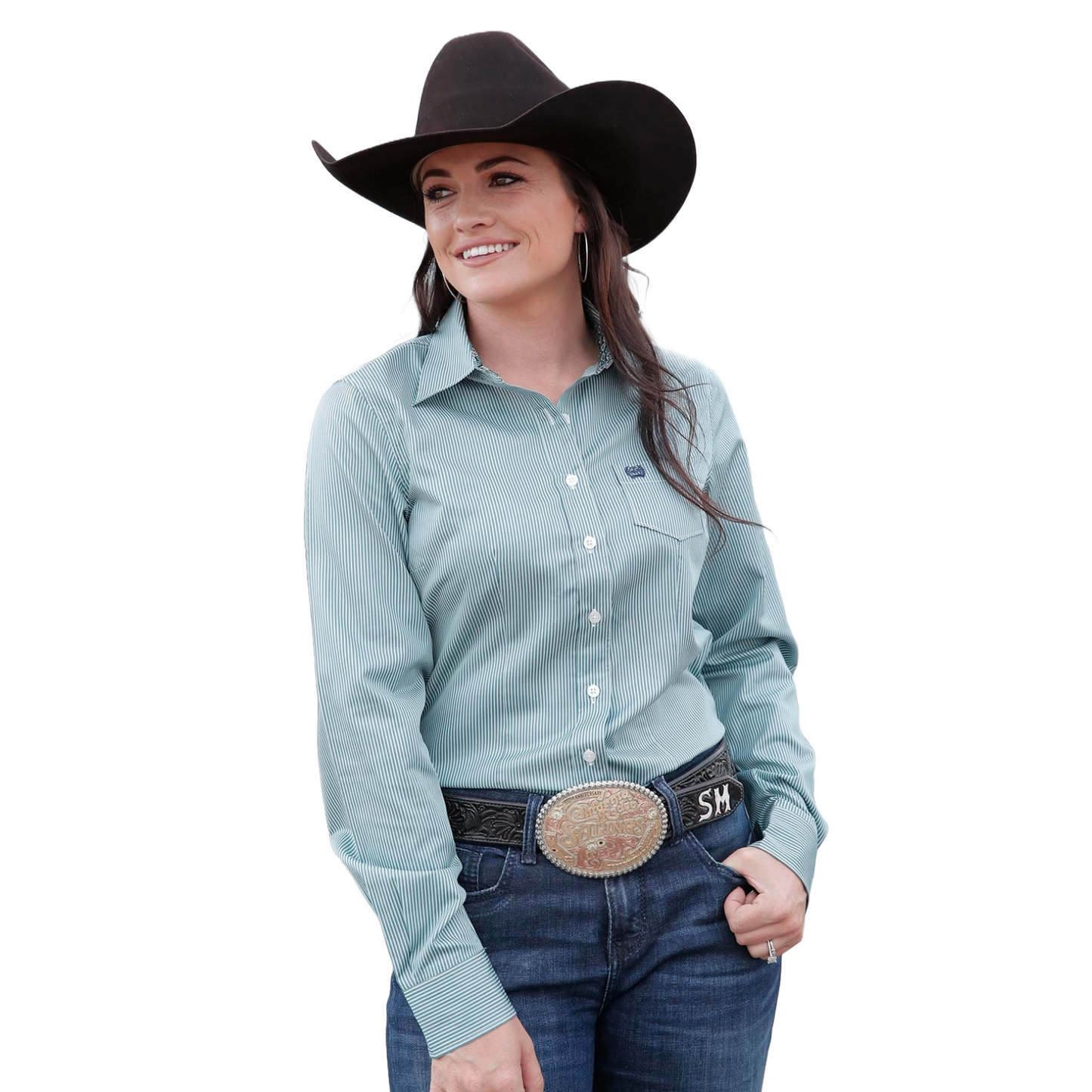 Cinch Ladies Stripe Teal Long Sleeve Button Down Shirt MSW9164224