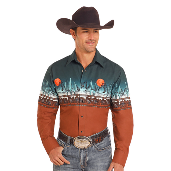 Panhandle Men's Tooled Leather Boarder Snap Shirt SMN2S04457