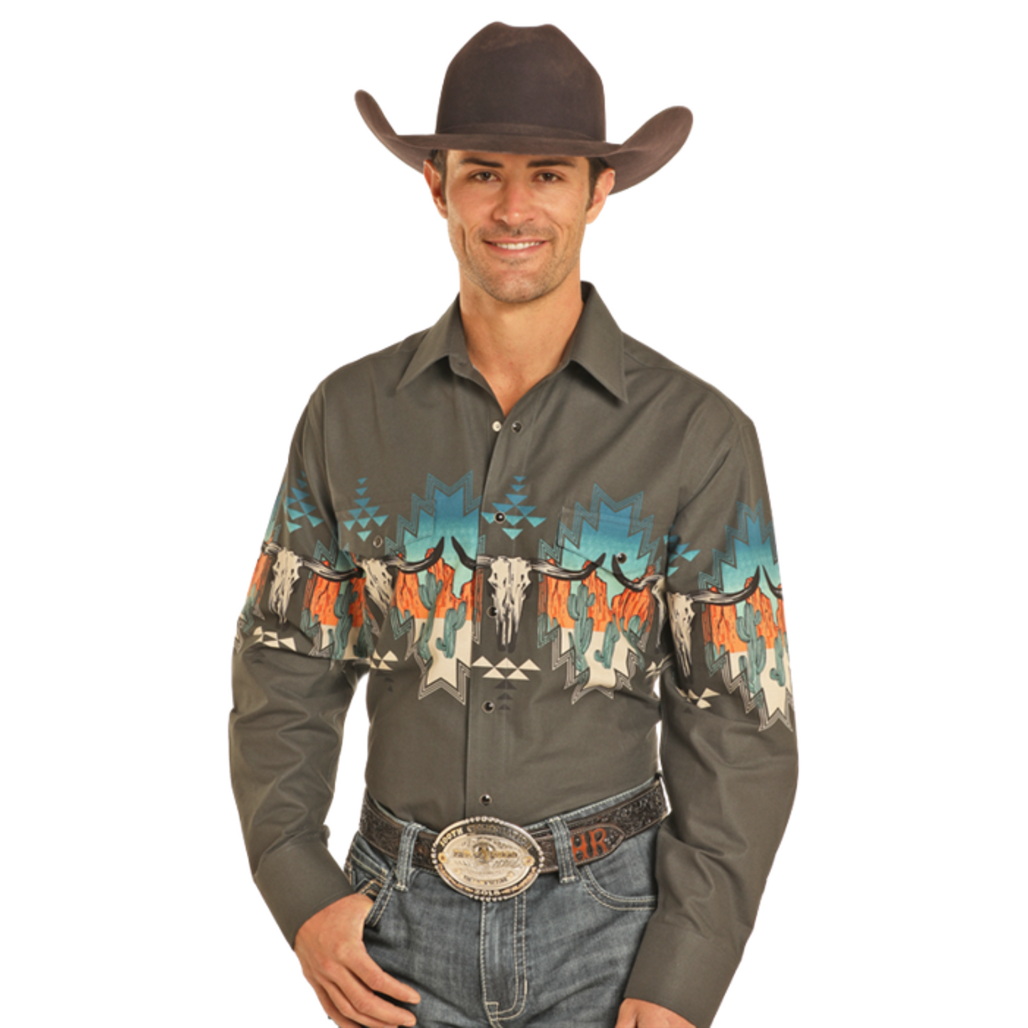 Panhandle Men's Aztec Skull Border Charcoal Snap Shirt SMN2S04458