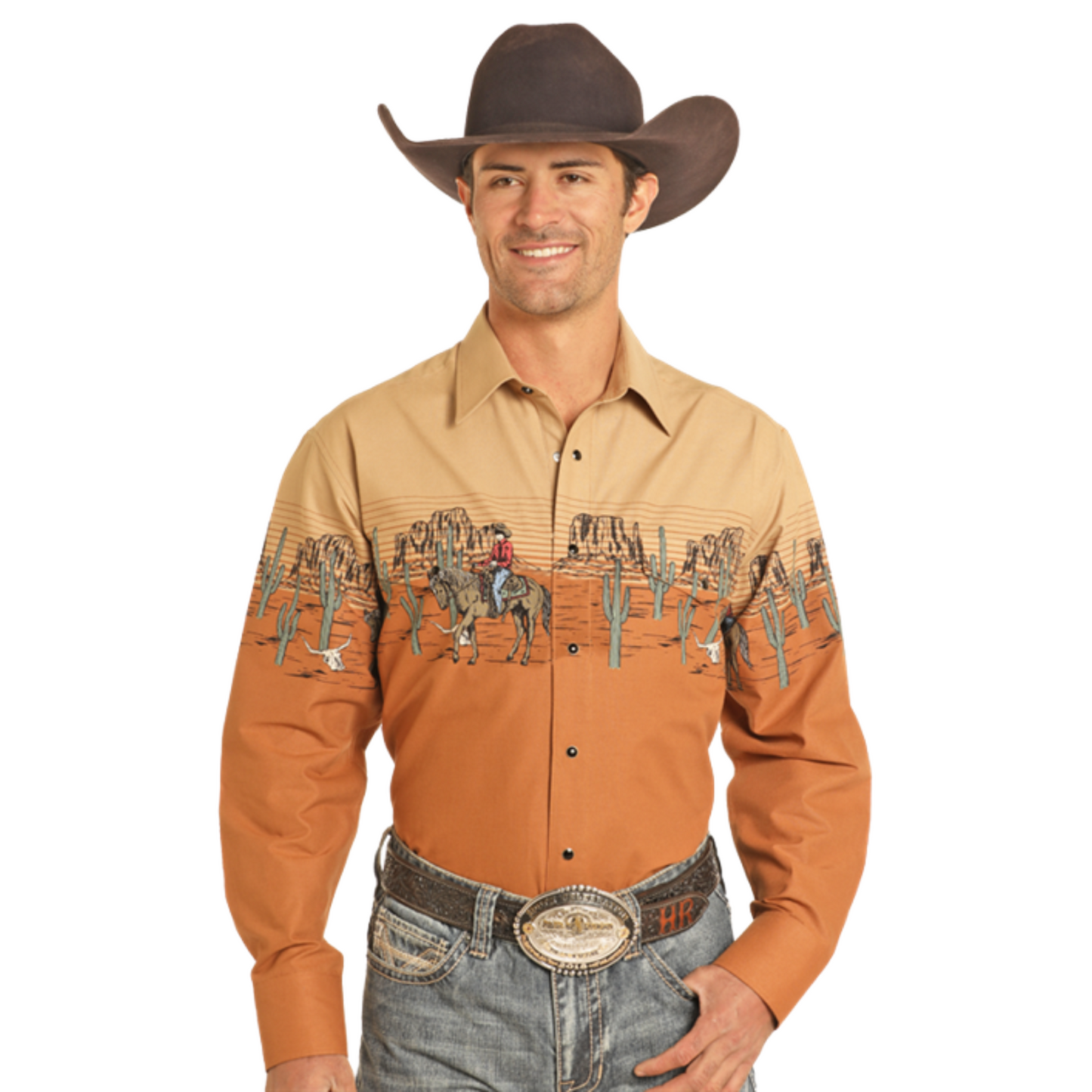 Panhandle Men's Horse & Rider Border Camel Snap Shirt SMN2S04460