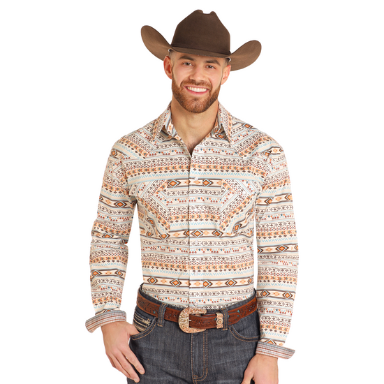 Panhandle Men's Southwestern Aztec Print Orange Snap Shirt RMN2S04599