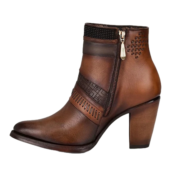 Cuadra Ladies Honey Laser & Woven Round Toe Brown Booties CU619