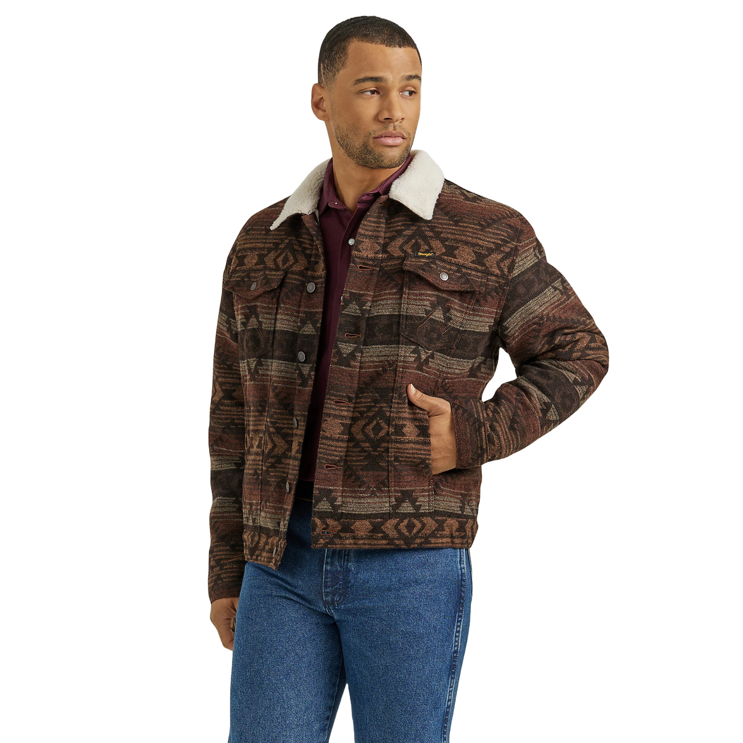 Wrangler Men's Jacquard Geometric Graphic Sherpa Brown Jacket 112352966