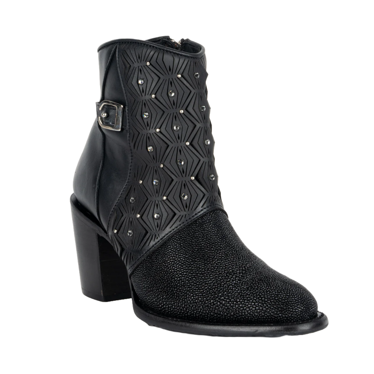 Cuadra Ladies Stingray Laser & Studs Black Snip Toe Booties CU876